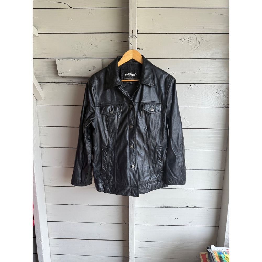 Wilsons Leather Maxima Black Leather Trucker Jacket Button Front XL womens